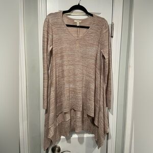 NWT Cupio Size M Draped Pullover Sweater High Low Hem Beige V Neck Flowy Long